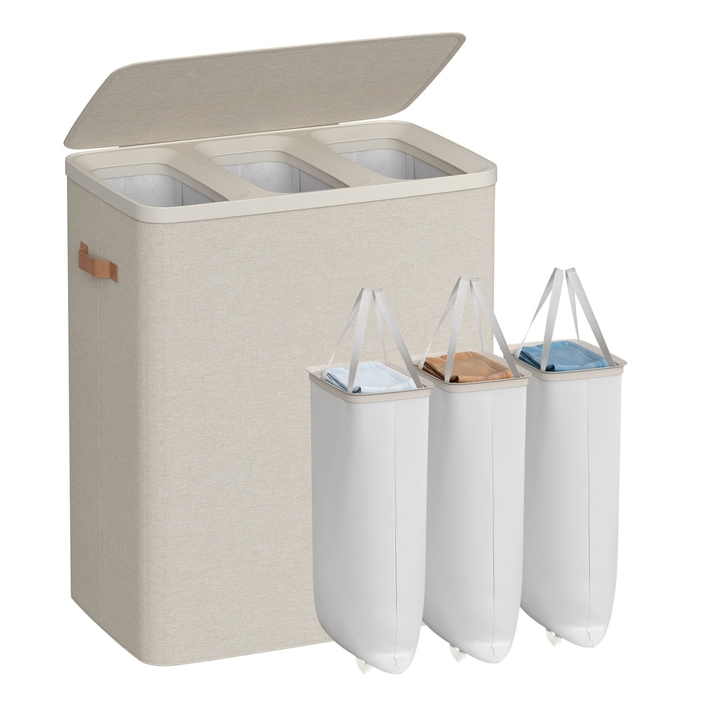 Laundry Basket Triple Compartment Laundry Hamper - Polyester Fabric and Plastic - Cappuccino Beige