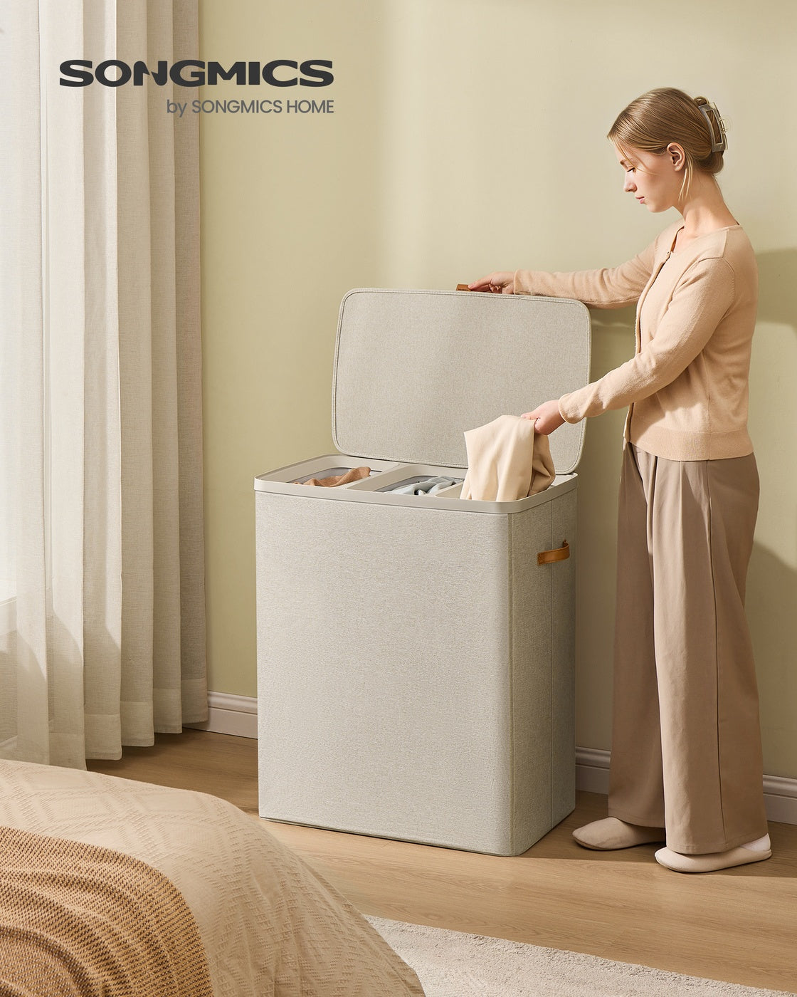 Laundry Basket Triple Compartment Laundry Hamper - Polyester Fabric and Plastic - Cappuccino Beige