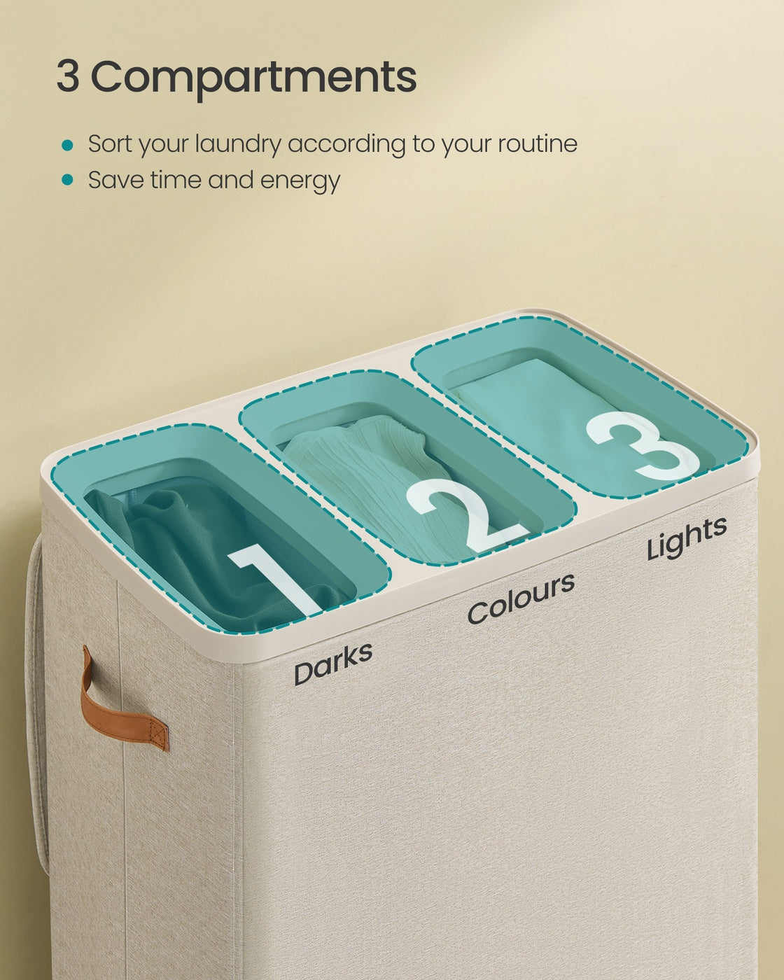 Laundry Basket Triple Compartment Laundry Hamper - Polyester Fabric and Plastic - Cappuccino Beige