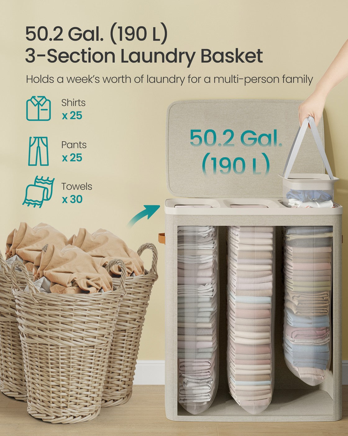 Laundry Basket Triple Compartment Laundry Hamper - Polyester Fabric and Plastic - Cappuccino Beige