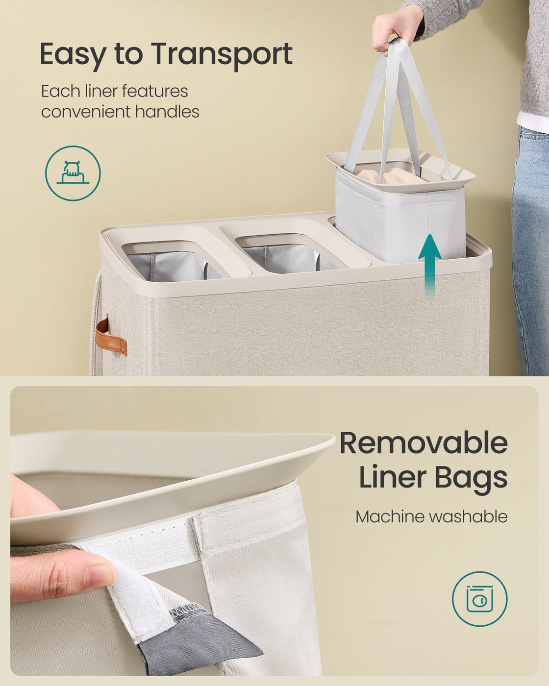 Laundry Basket Triple Compartment Laundry Hamper - Polyester Fabric and Plastic - Cappuccino Beige