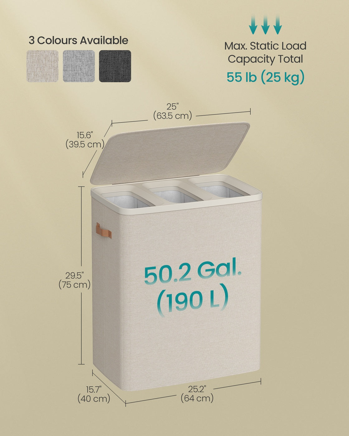 Laundry Basket Triple Compartment Laundry Hamper - Polyester Fabric and Plastic - Cappuccino Beige