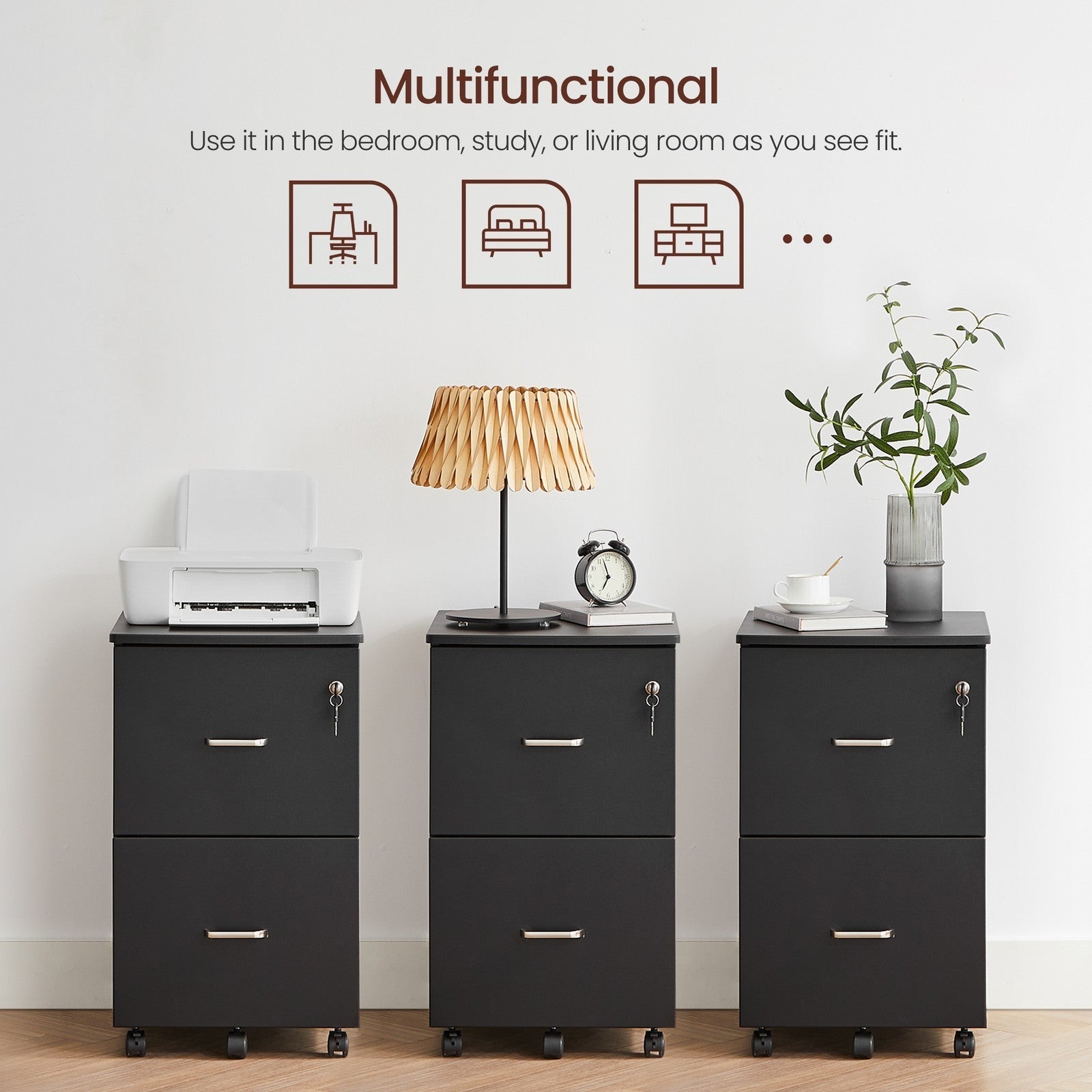 Locking File Cabinet - Metal - Black - 2 Drawers for Home Office