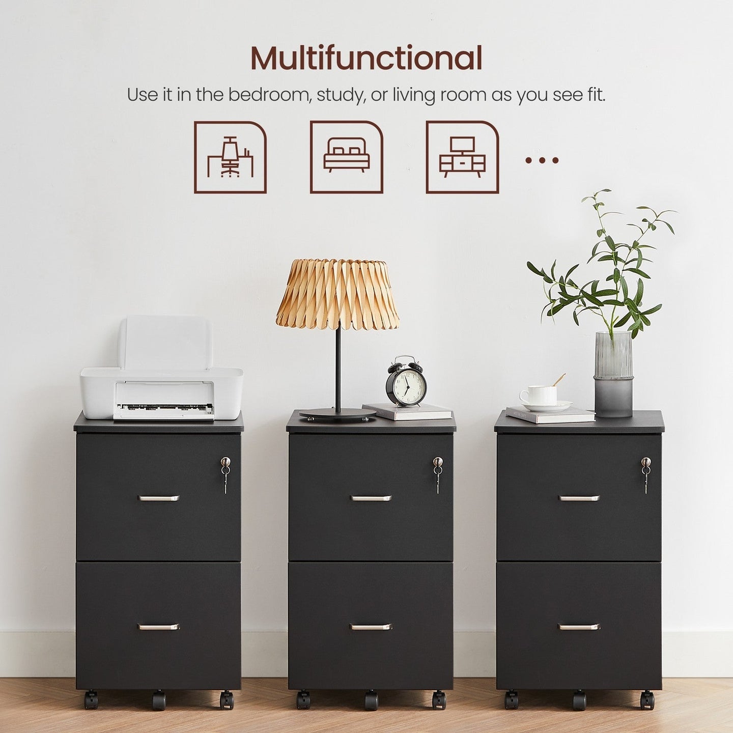 Locking File Cabinet - Metal - Black - 2 Drawers for Home Office