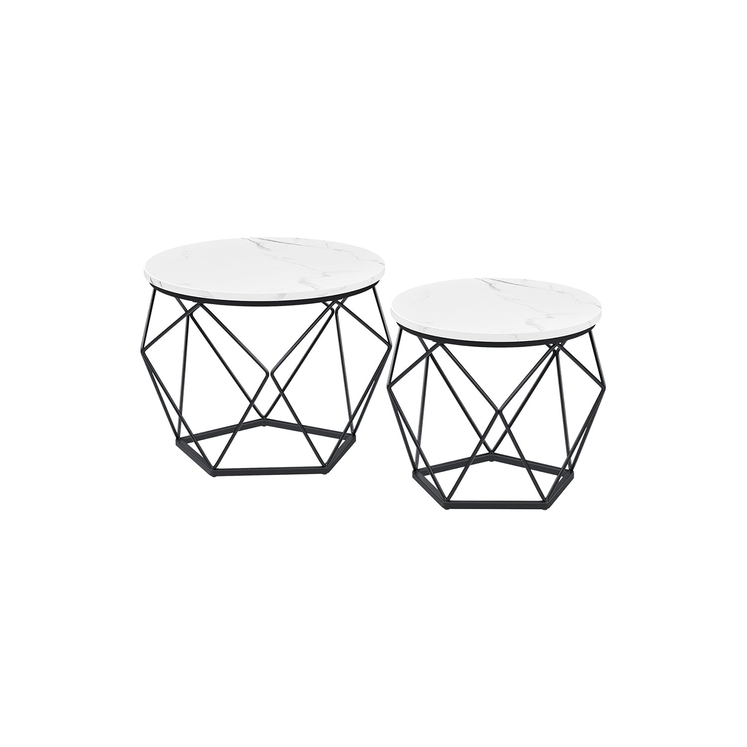 Set of 2 Round Coffee Tables - Marble - White and Ink Black - Robust Steel Frame
