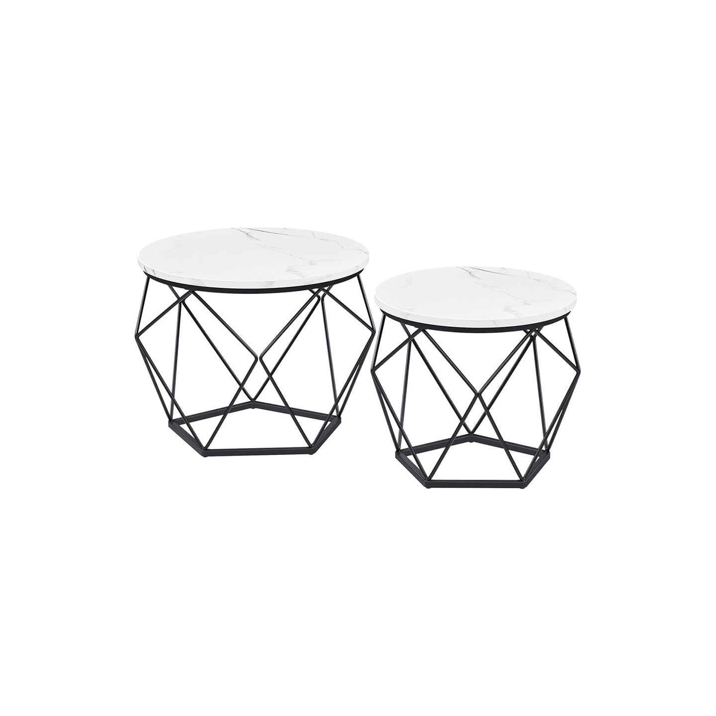 Set of 2 Round Coffee Tables - Marble - White and Ink Black - Robust Steel Frame