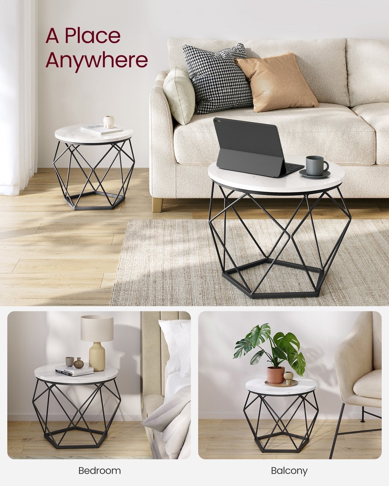 Set of 2 Round Coffee Tables - Marble - White and Ink Black - Robust Steel Frame