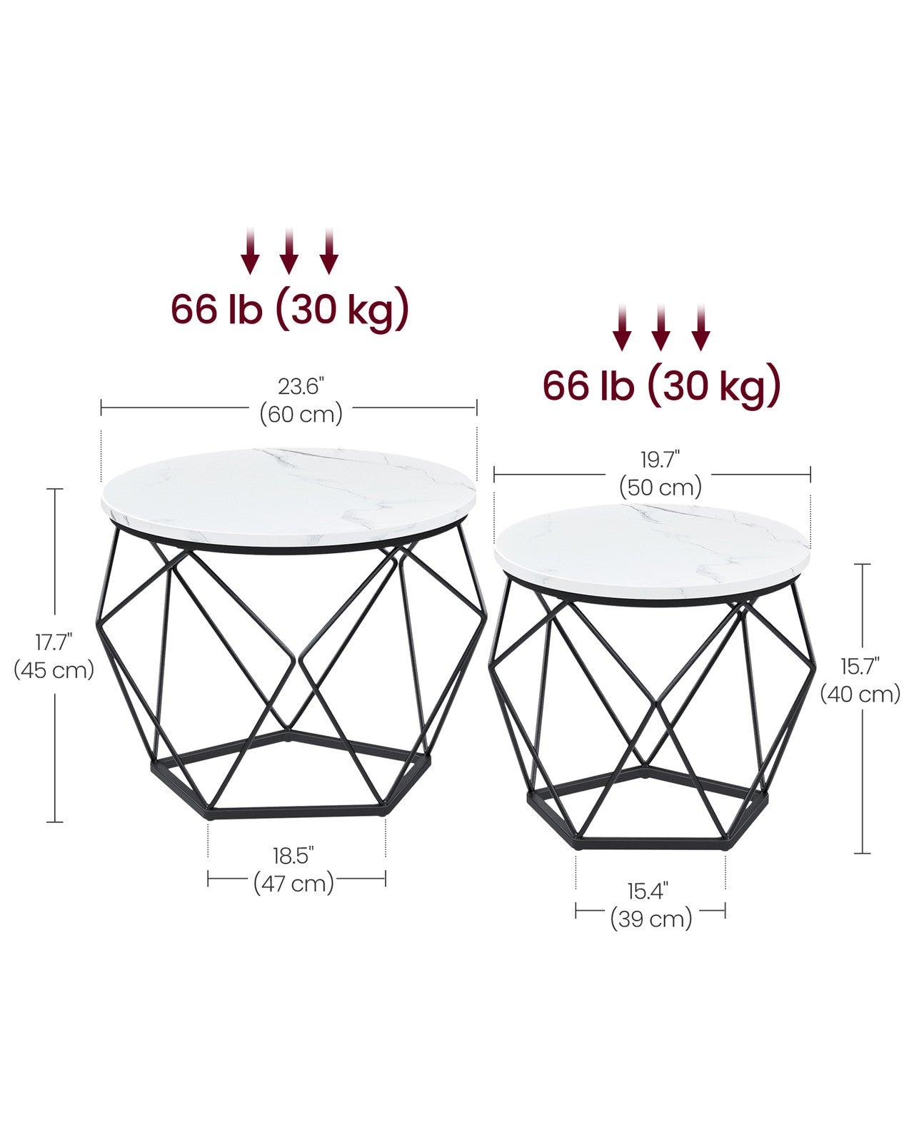 Set of 2 Round Coffee Tables - Marble - White and Ink Black - Robust Steel Frame
