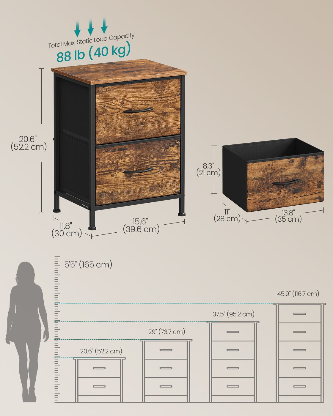 BELLAH Collection - Bedside Table - MDF and Wood - Rustic Brown and Ink Black