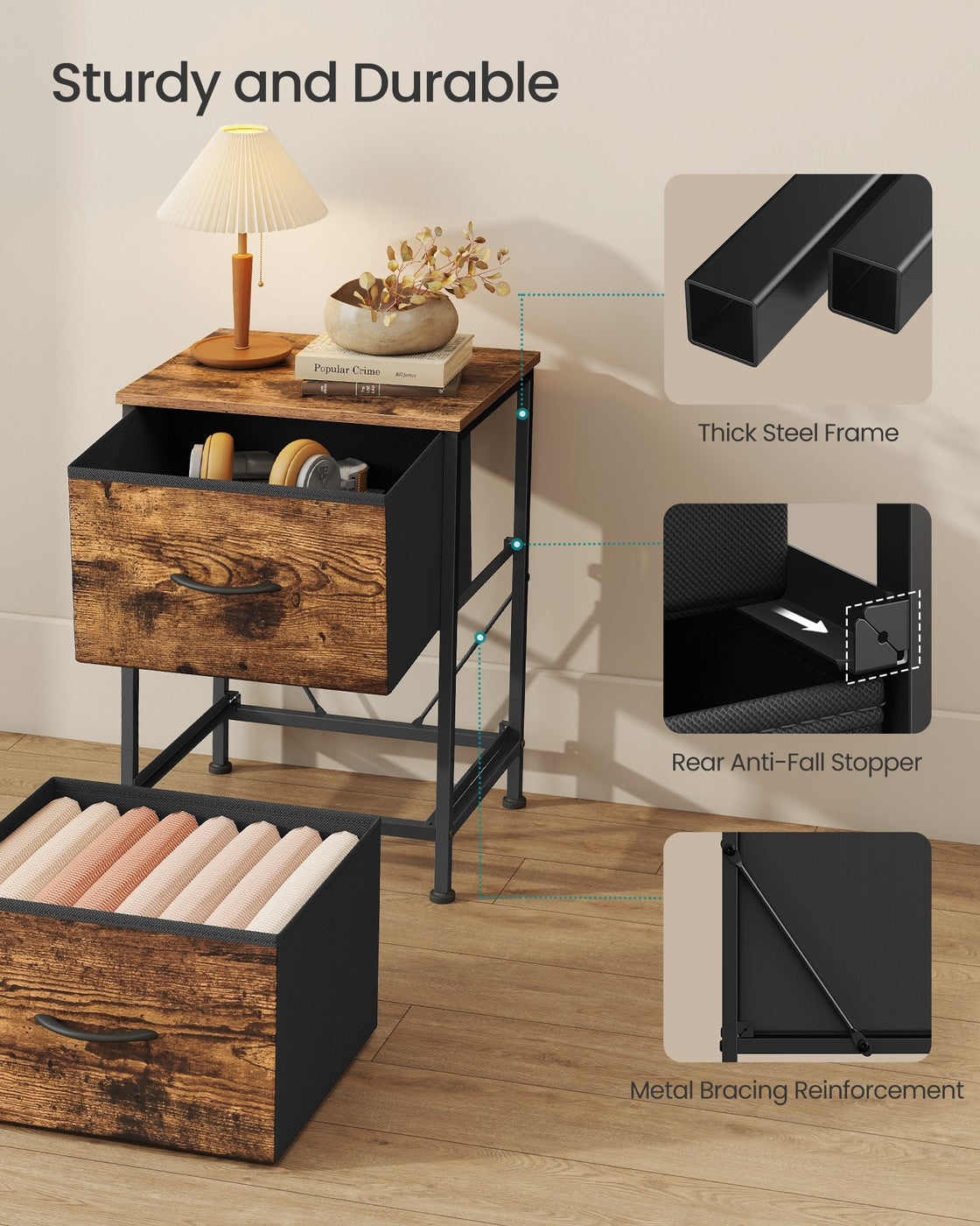 BELLAH Collection - Bedside Table - MDF and Wood - Rustic Brown and Ink Black