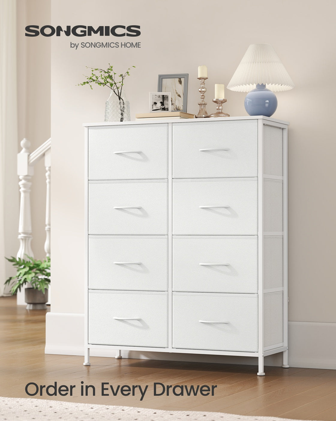 Chest of Drawers 8 Fabric Drawers Storage Unit - MDF and Wood - Cloud White and Snow White