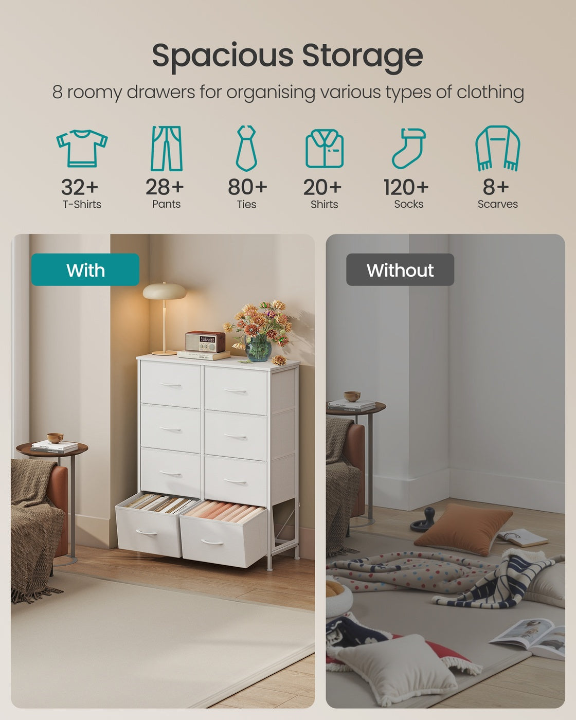 Chest of Drawers 8 Fabric Drawers Storage Unit - MDF and Wood - Cloud White and Snow White