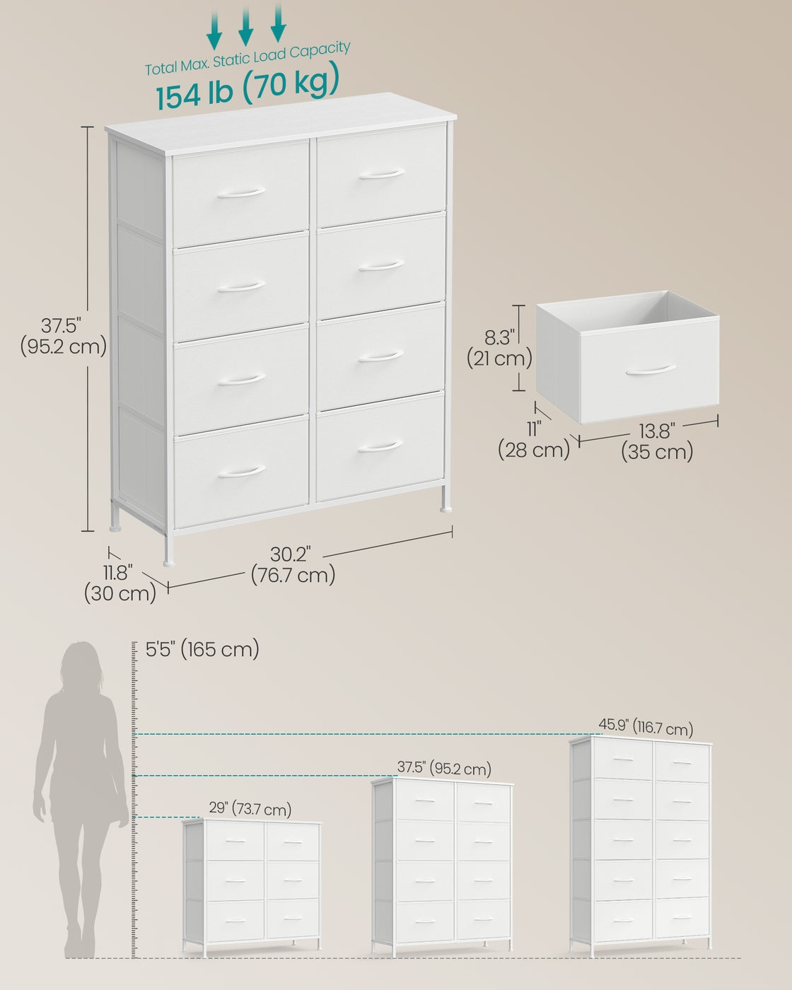 Chest of Drawers 8 Fabric Drawers Storage Unit - MDF and Wood - Cloud White and Snow White