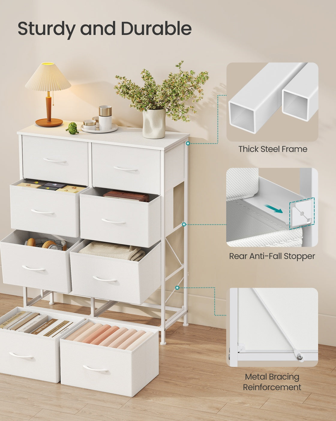Chest of Drawers 8 Fabric Drawers Storage Unit - MDF and Wood - Cloud White and Snow White