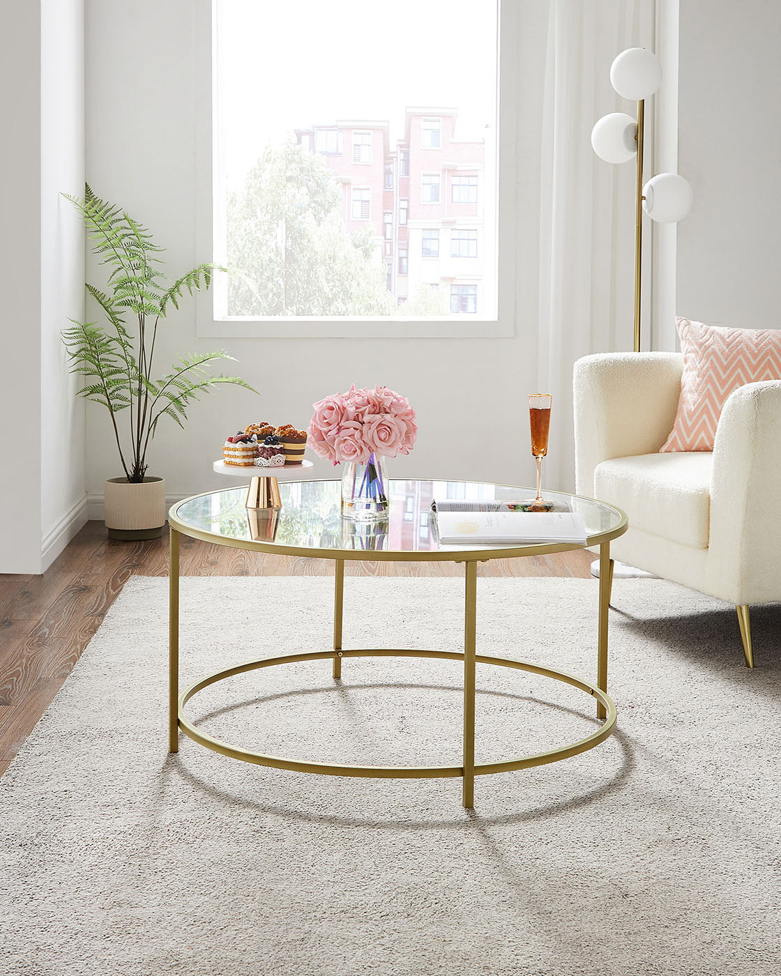 Round Coffee Table - Tempered Glass - Gold - Robust Steel Frame