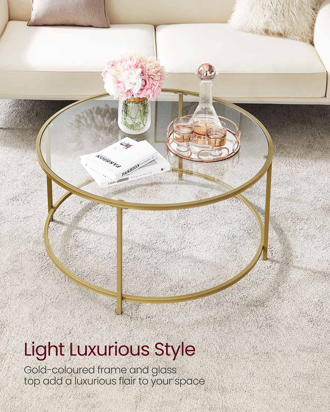 Round Coffee Table - Tempered Glass - Gold - Robust Steel Frame