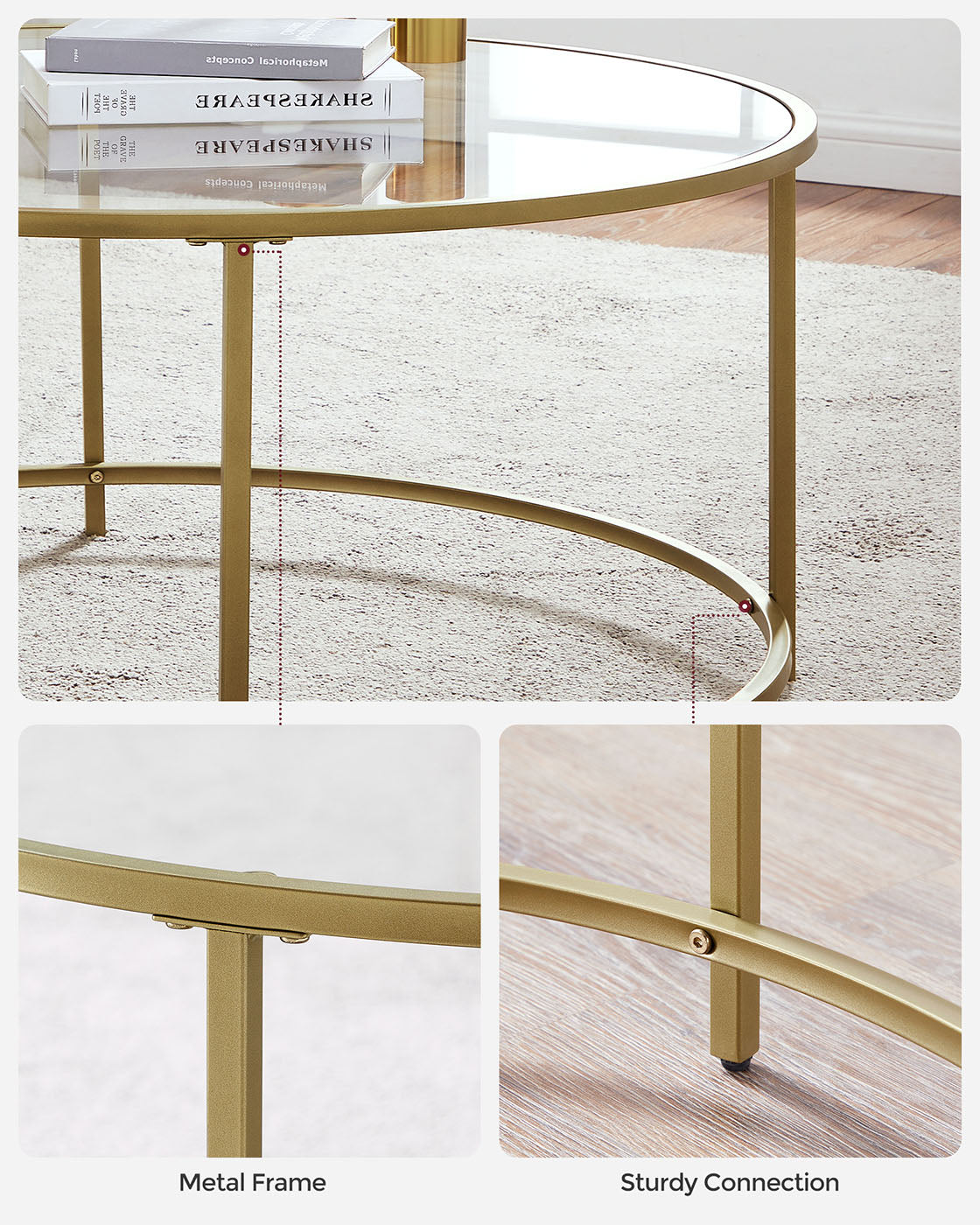 Round Coffee Table - Tempered Glass - Gold - Robust Steel Frame