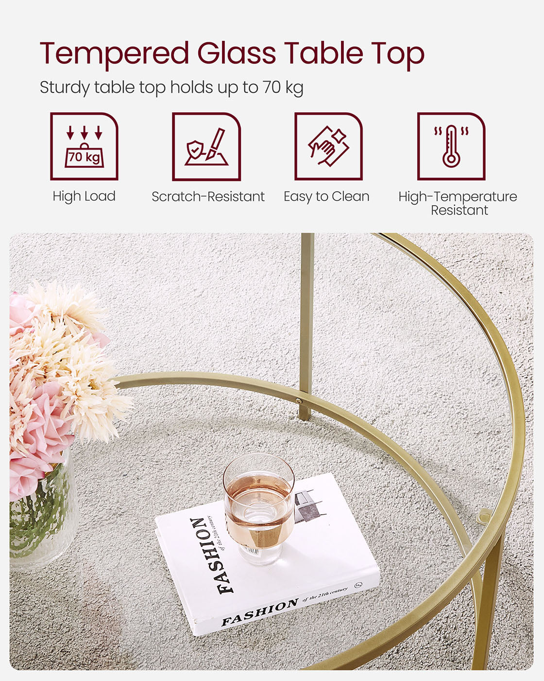 Round Coffee Table - Tempered Glass - Gold - Robust Steel Frame