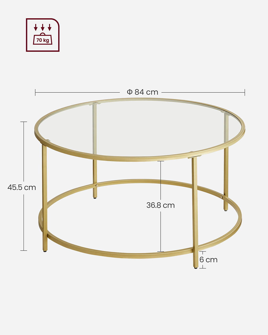 Round Coffee Table - Tempered Glass - Gold - Robust Steel Frame