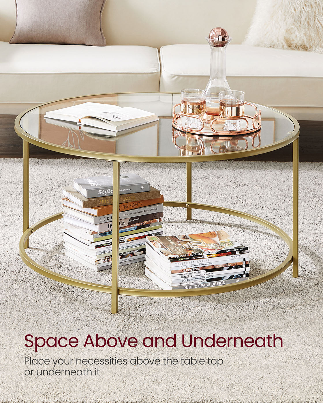 Round Coffee Table - Tempered Glass - Gold - Robust Steel Frame