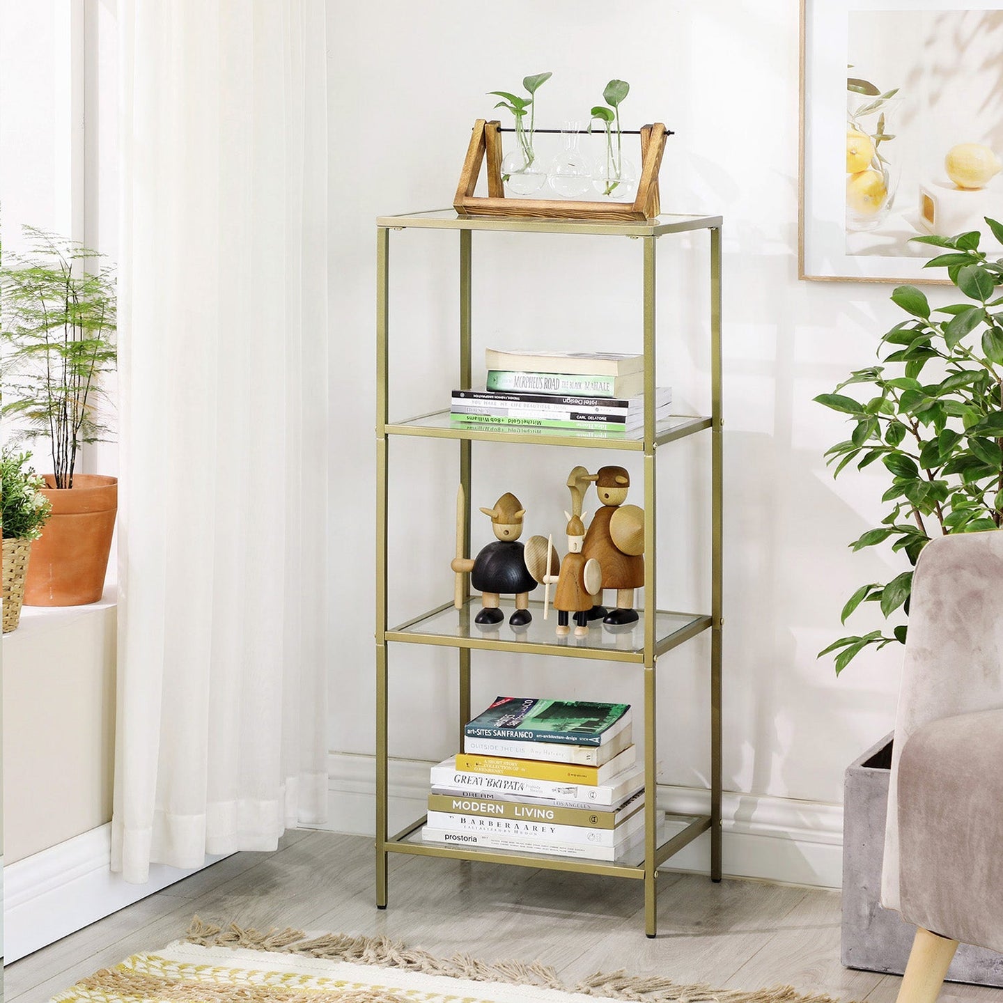 4-Tier Storage Shelf - Tempered Glass - Gold - Sturdy and Easy to Assemble