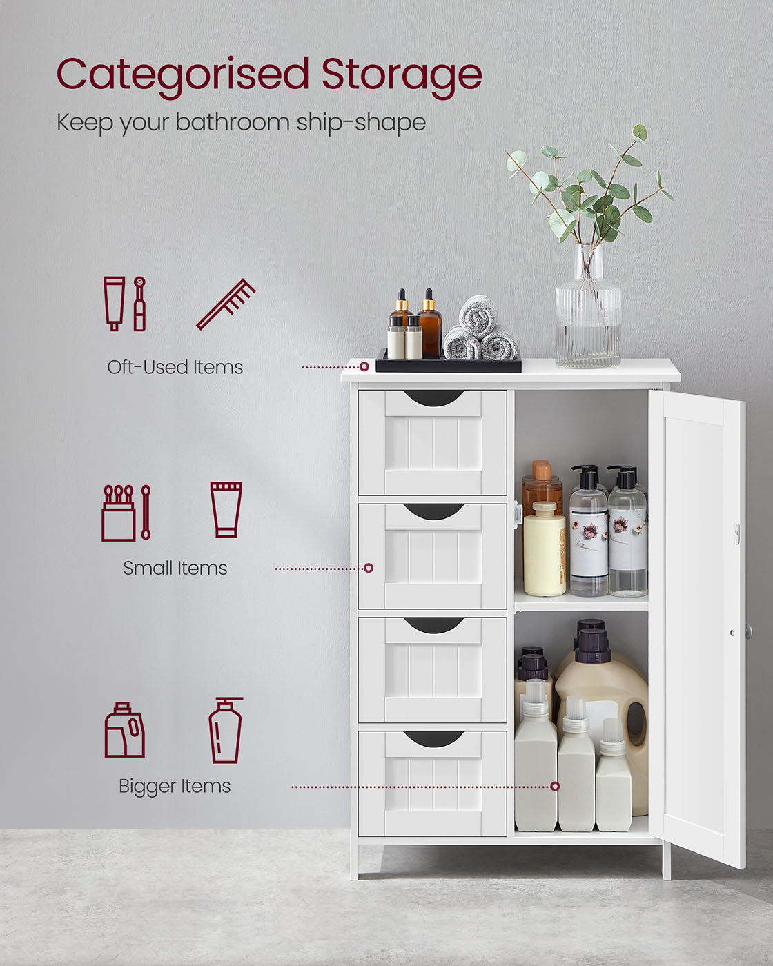 Wooden Cabinet - White - 4 Drawers and 1 Wardrobe Compartment