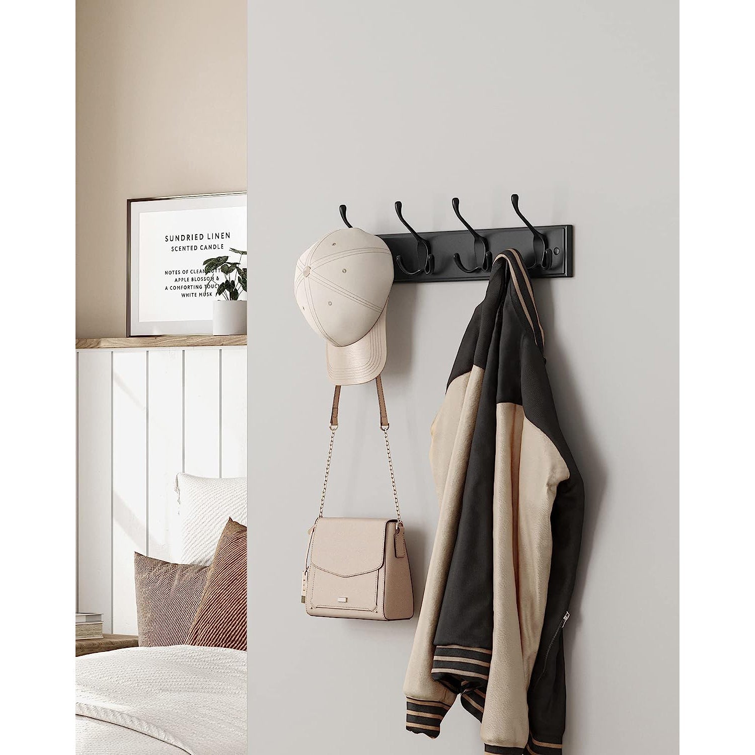Wall-Mounted Coat Rack - Metal - Black - 4 Triple Hooks for Bags