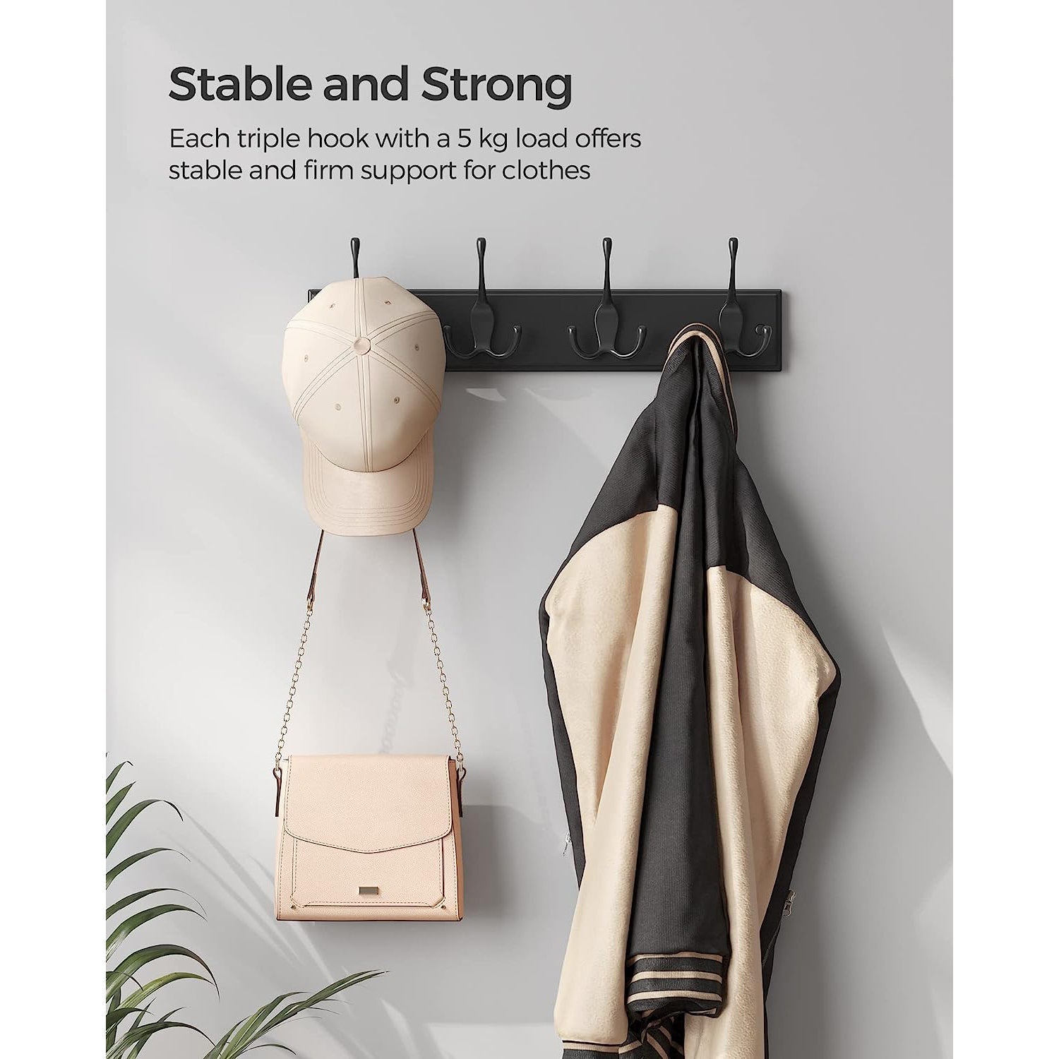 Wall-Mounted Coat Rack - Metal - Black - 4 Triple Hooks for Bags