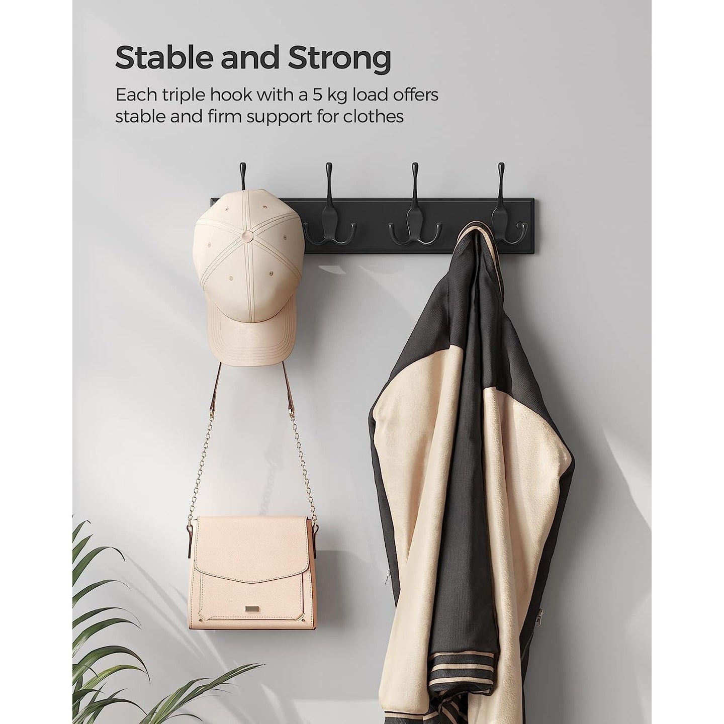 Wall-Mounted Coat Rack - Metal - Black - 4 Triple Hooks for Bags