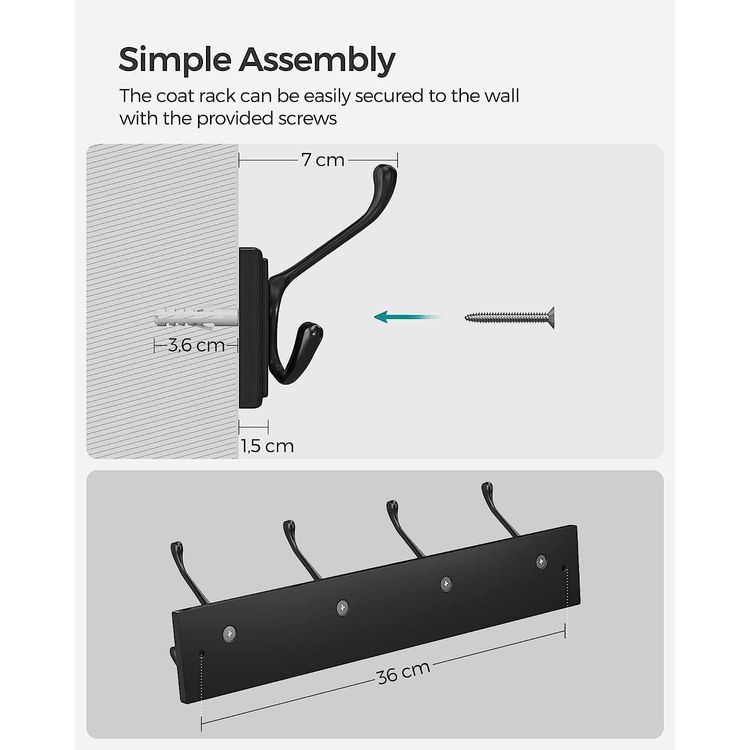 Wall-Mounted Coat Rack - Metal - Black - 4 Triple Hooks for Bags