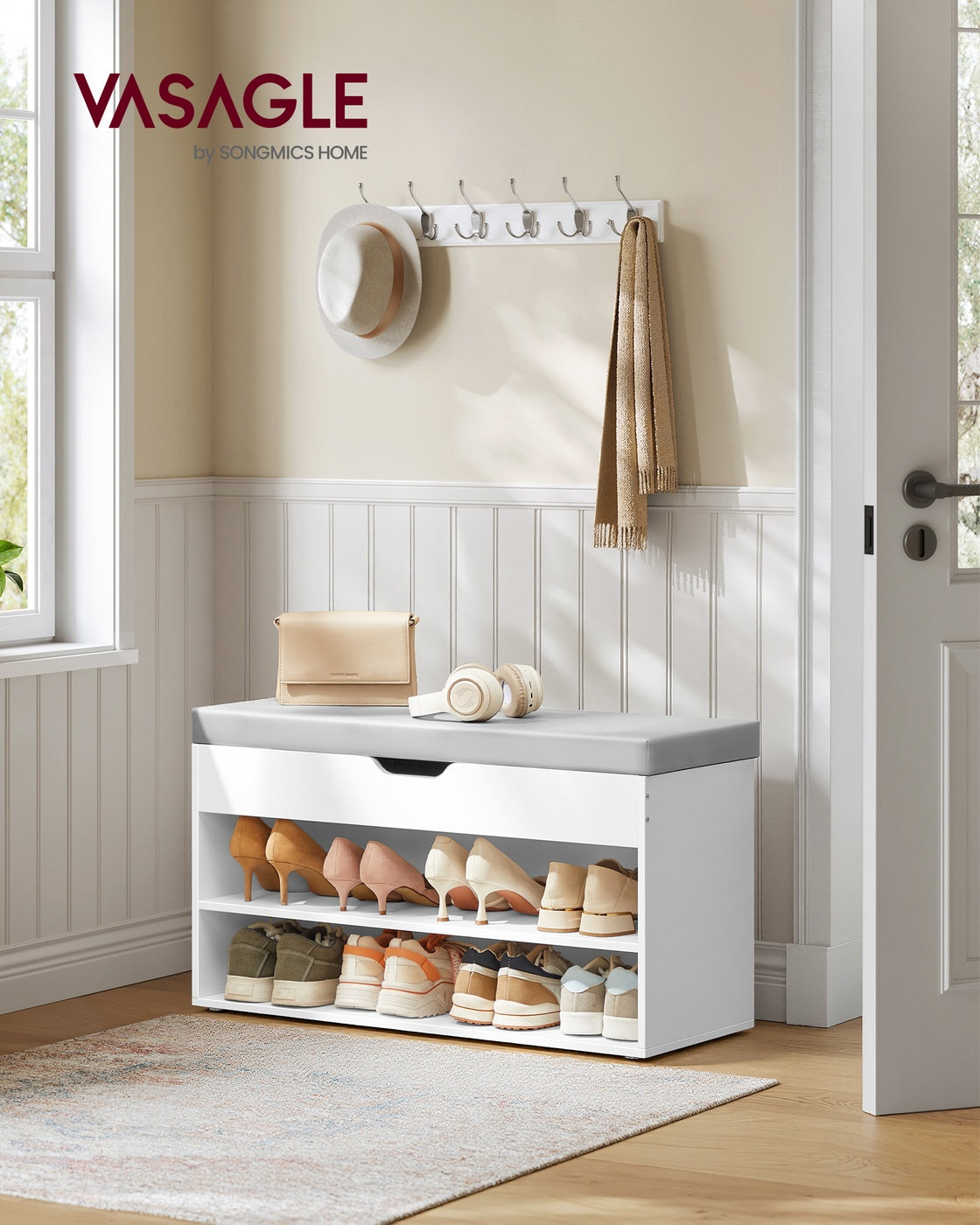 Shoe Bench - Wood and Foam - Cloud White and Dove Grey
