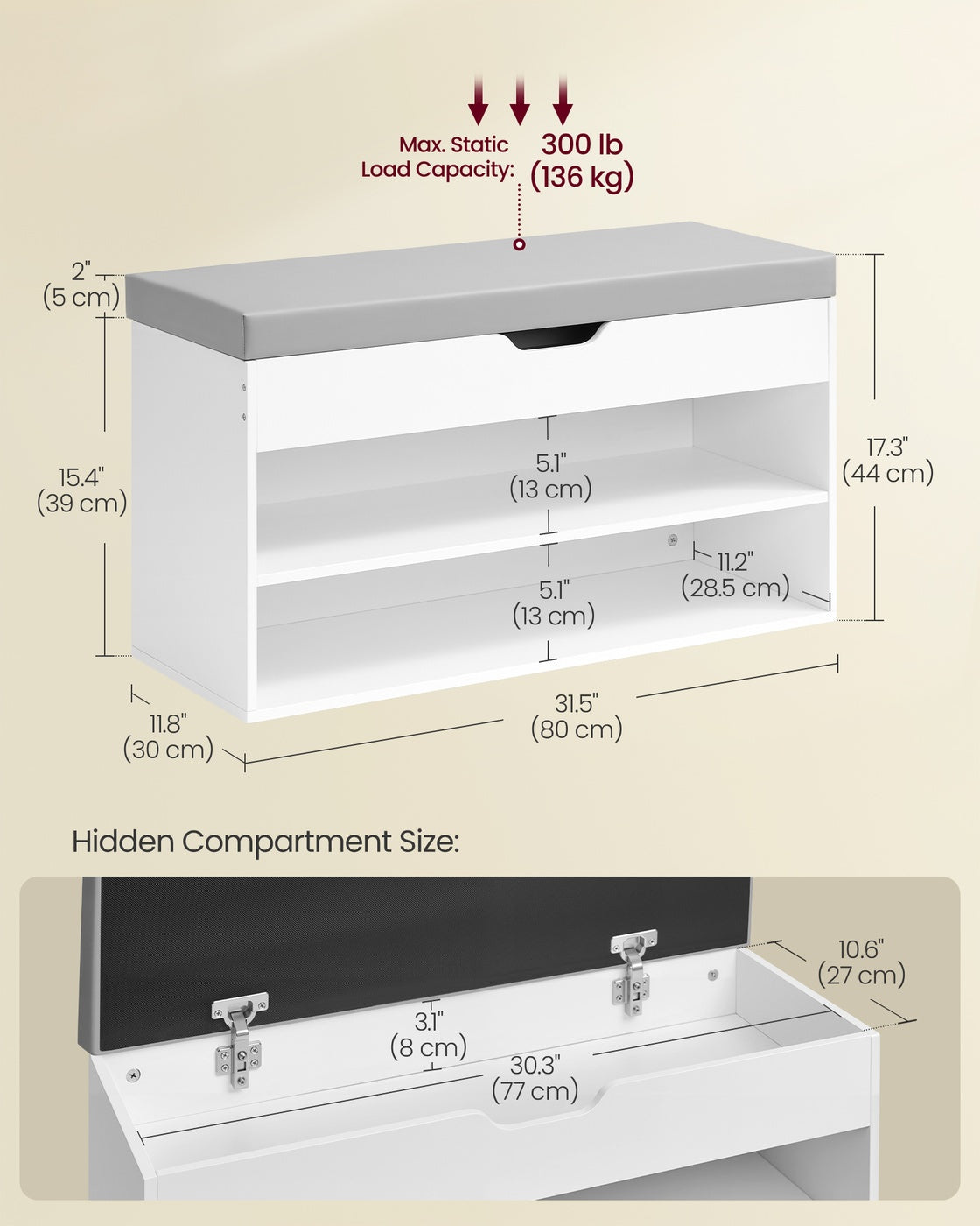 Shoe Bench - Wood and Foam - Cloud White and Dove Grey