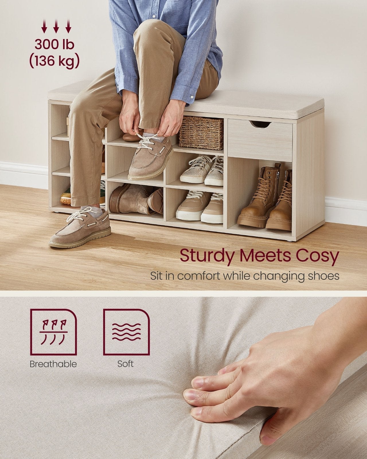 Shoe Storage Bench - Wood - White - Padded Seat with Drawer and Open Compartments