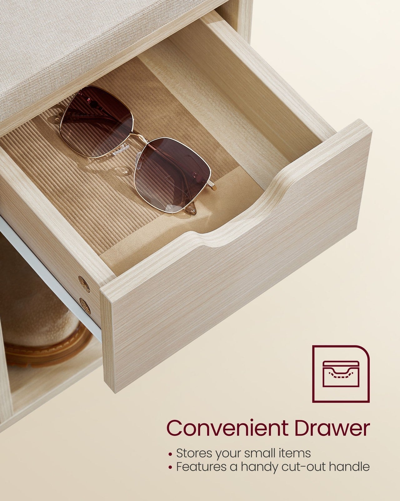 Shoe Storage Bench - Wood - White - Padded Seat with Drawer and Open Compartments