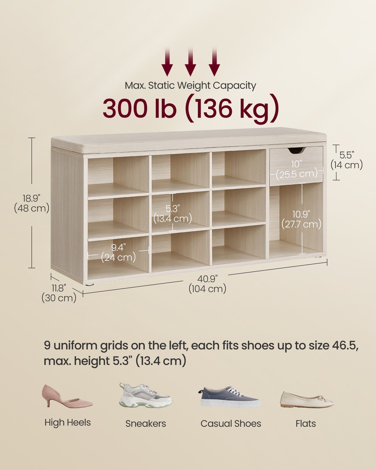 Shoe Storage Bench - Wood - White - Padded Seat with Drawer and Open Compartments