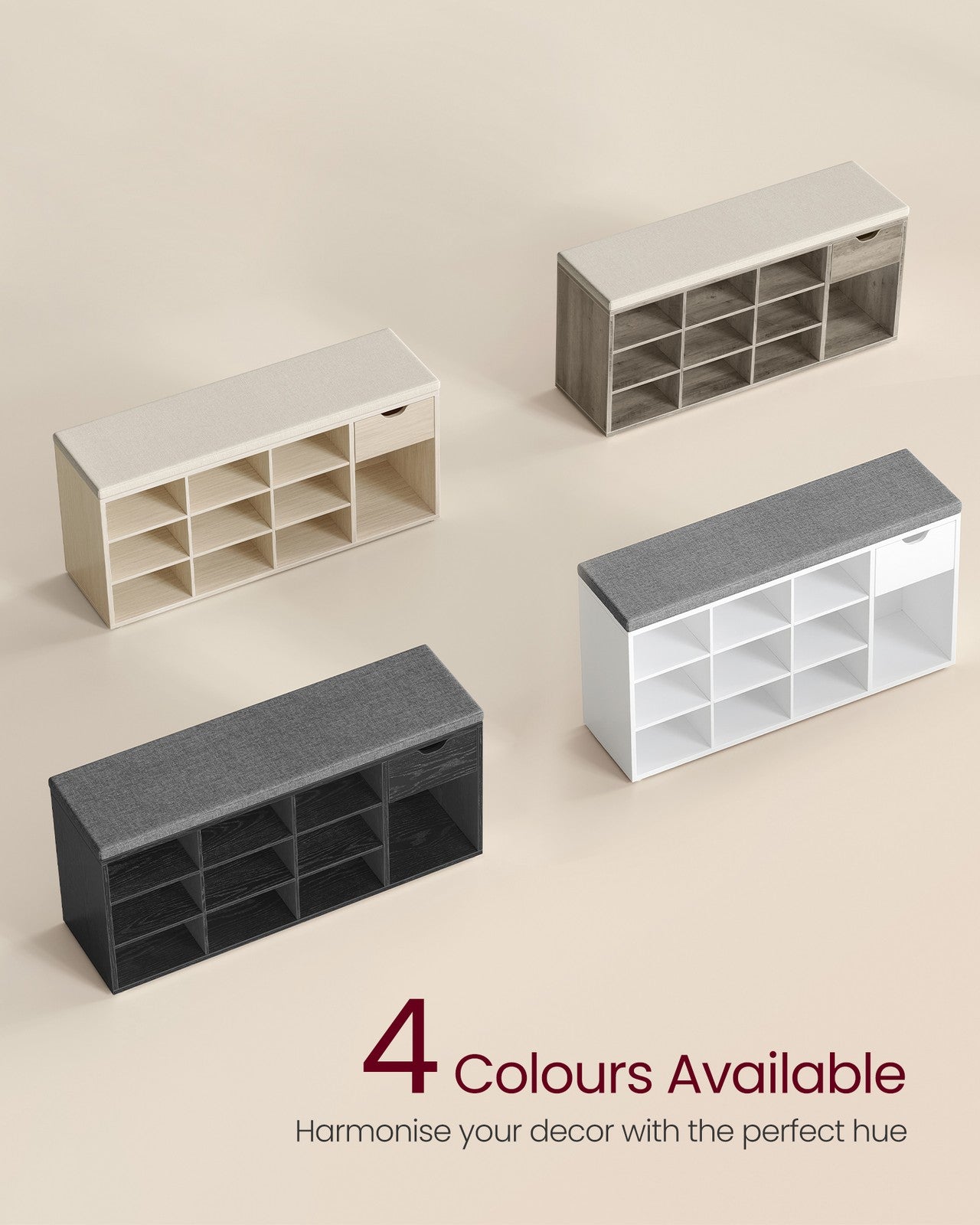 Shoe Storage Bench - Wood - White - Padded Seat with Drawer and Open Compartments