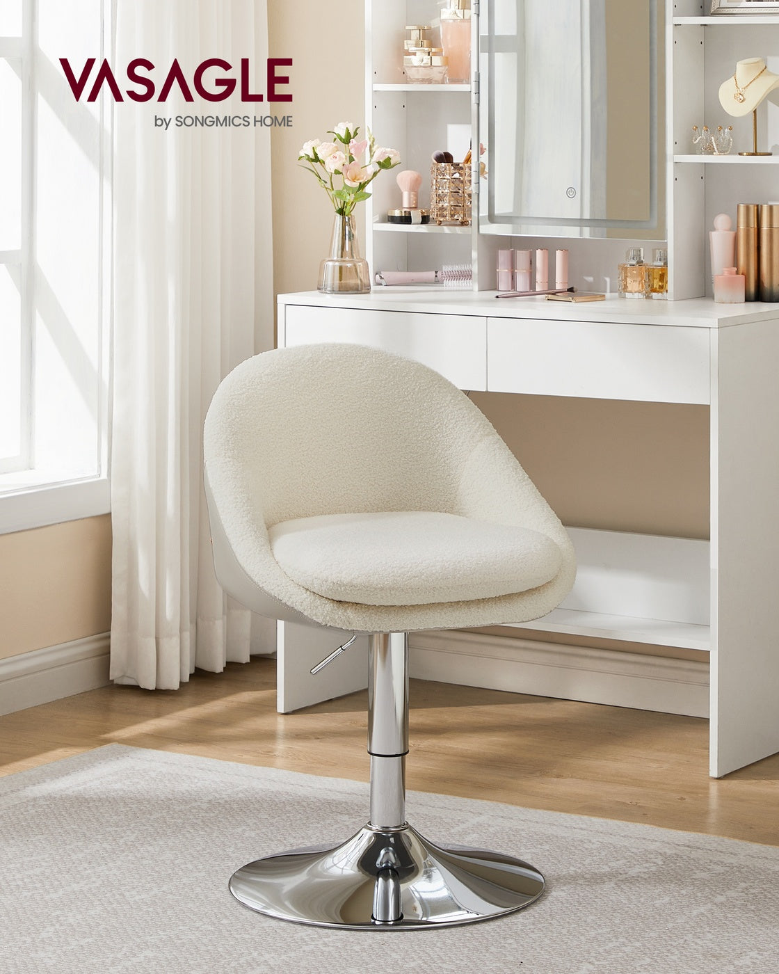 Adjustable Dressing Chair - Teddy Fleece and PU Leather - Cream White