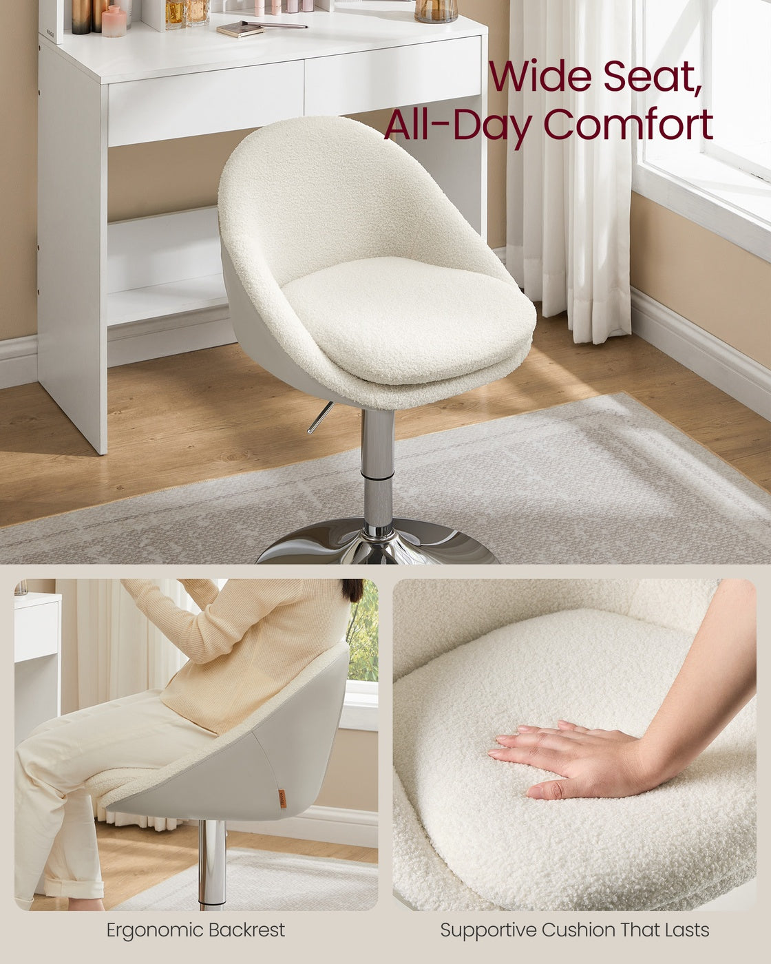 Adjustable Dressing Chair - Teddy Fleece and PU Leather - Cream White
