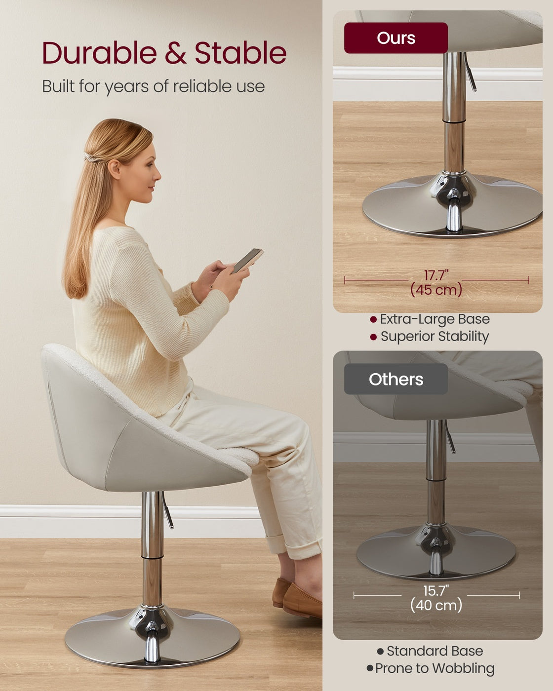 Adjustable Dressing Chair - Teddy Fleece and PU Leather - Cream White