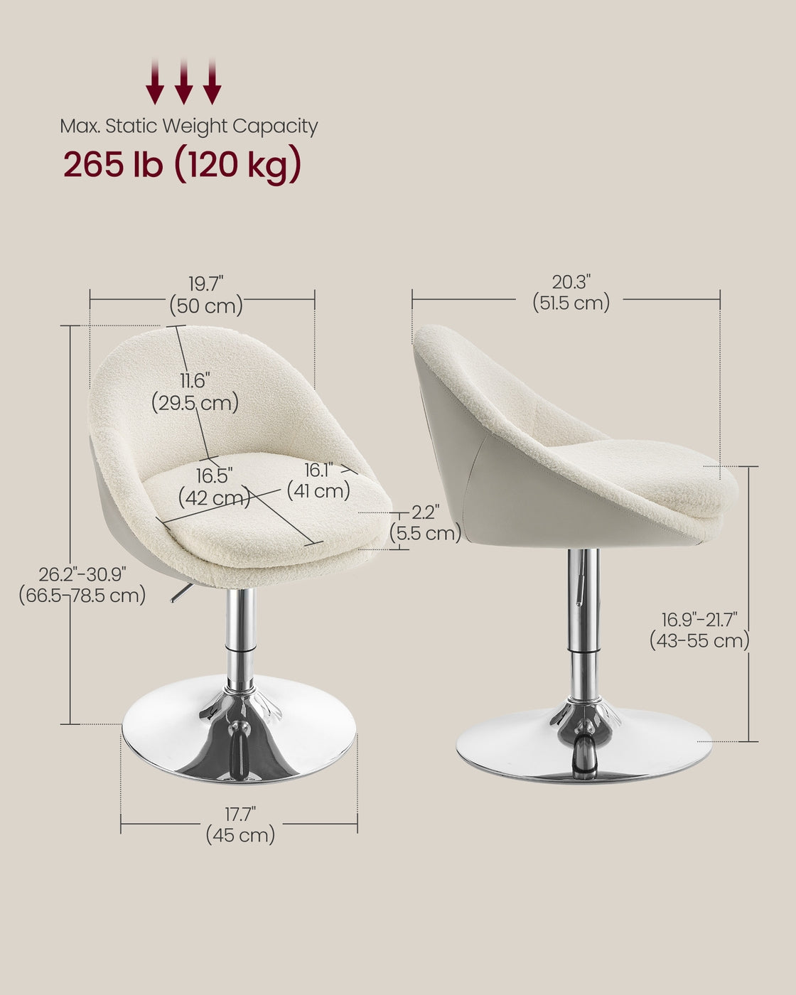 Adjustable Dressing Chair - Teddy Fleece and PU Leather - Cream White