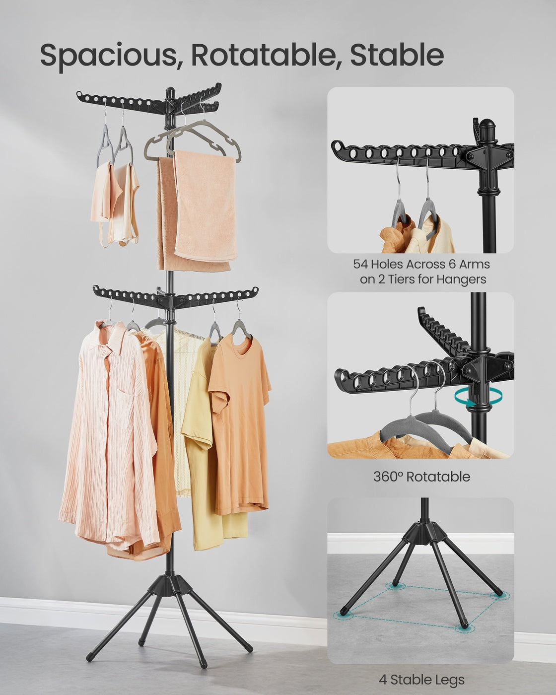 Clothes Airer Stand Dryer High - Stainless Steel and Plastic - Black