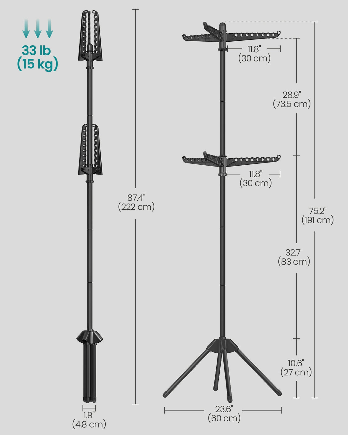 Clothes Airer Stand Dryer High - Stainless Steel and Plastic - Black