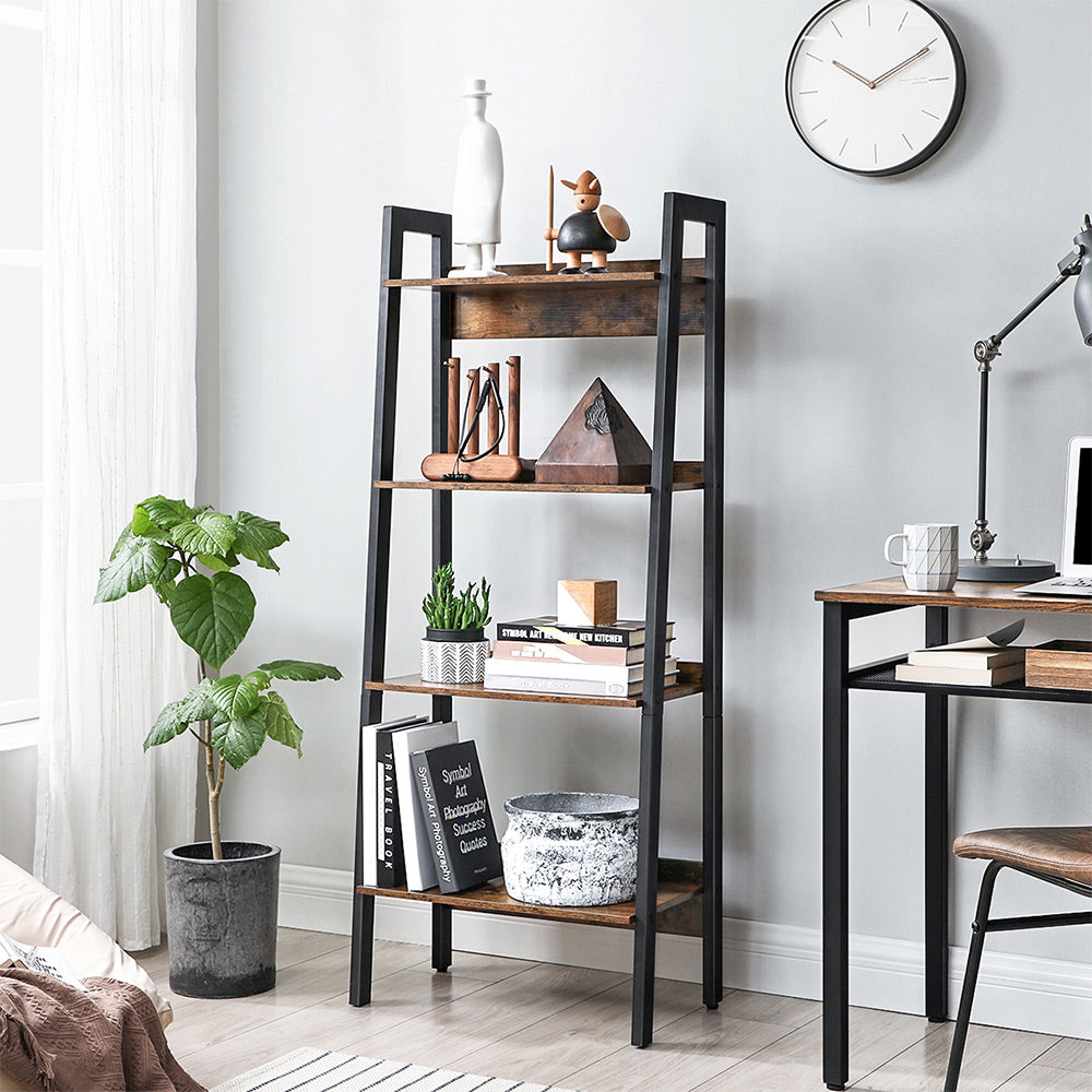 4-Tier Ladder Shelf - Metal - Rustic Brown and Black - Freestanding Storage Solution