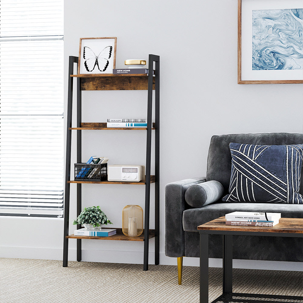 4-Tier Ladder Shelf - Metal - Rustic Brown and Black - Freestanding Storage Solution