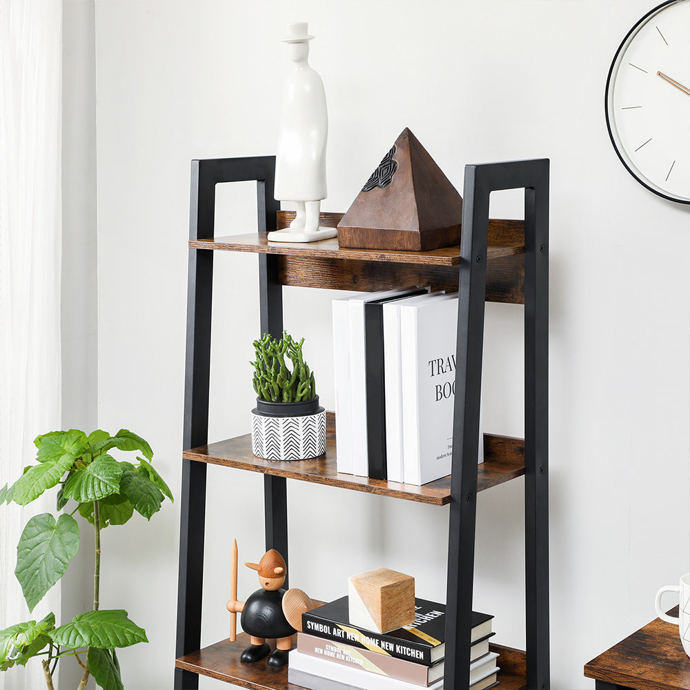 4-Tier Ladder Shelf - Metal - Rustic Brown and Black - Freestanding Storage Solution
