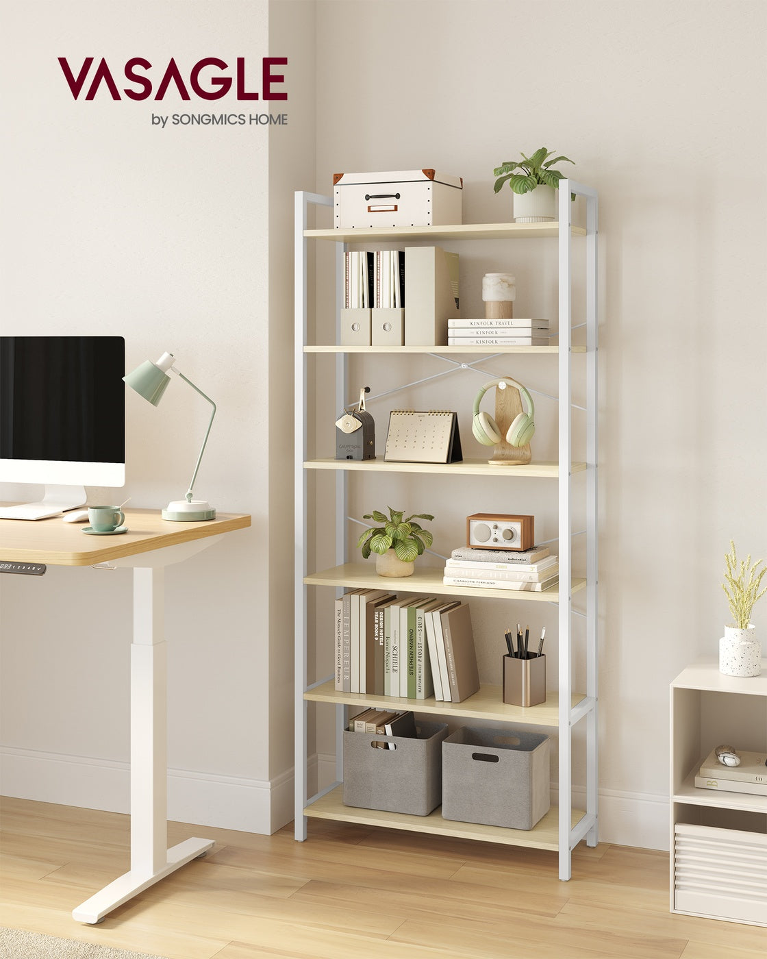 6-Tier Bookshelf - Wood and Steel - Natural Beige
