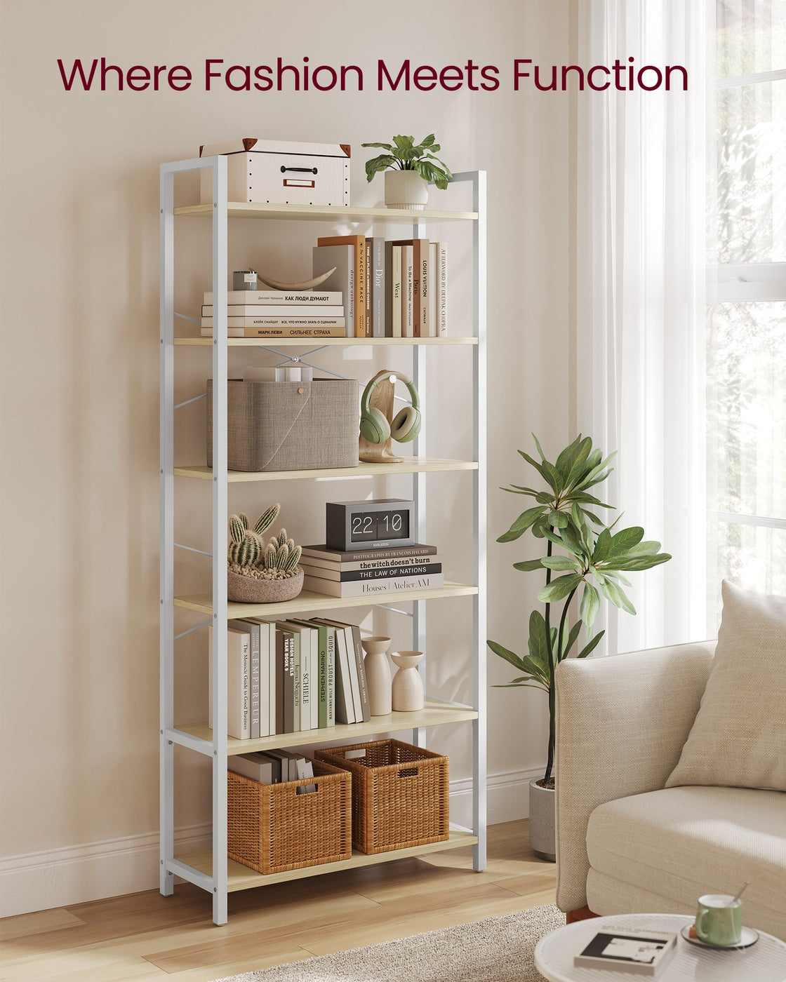 6-Tier Bookshelf - Wood and Steel - Natural Beige