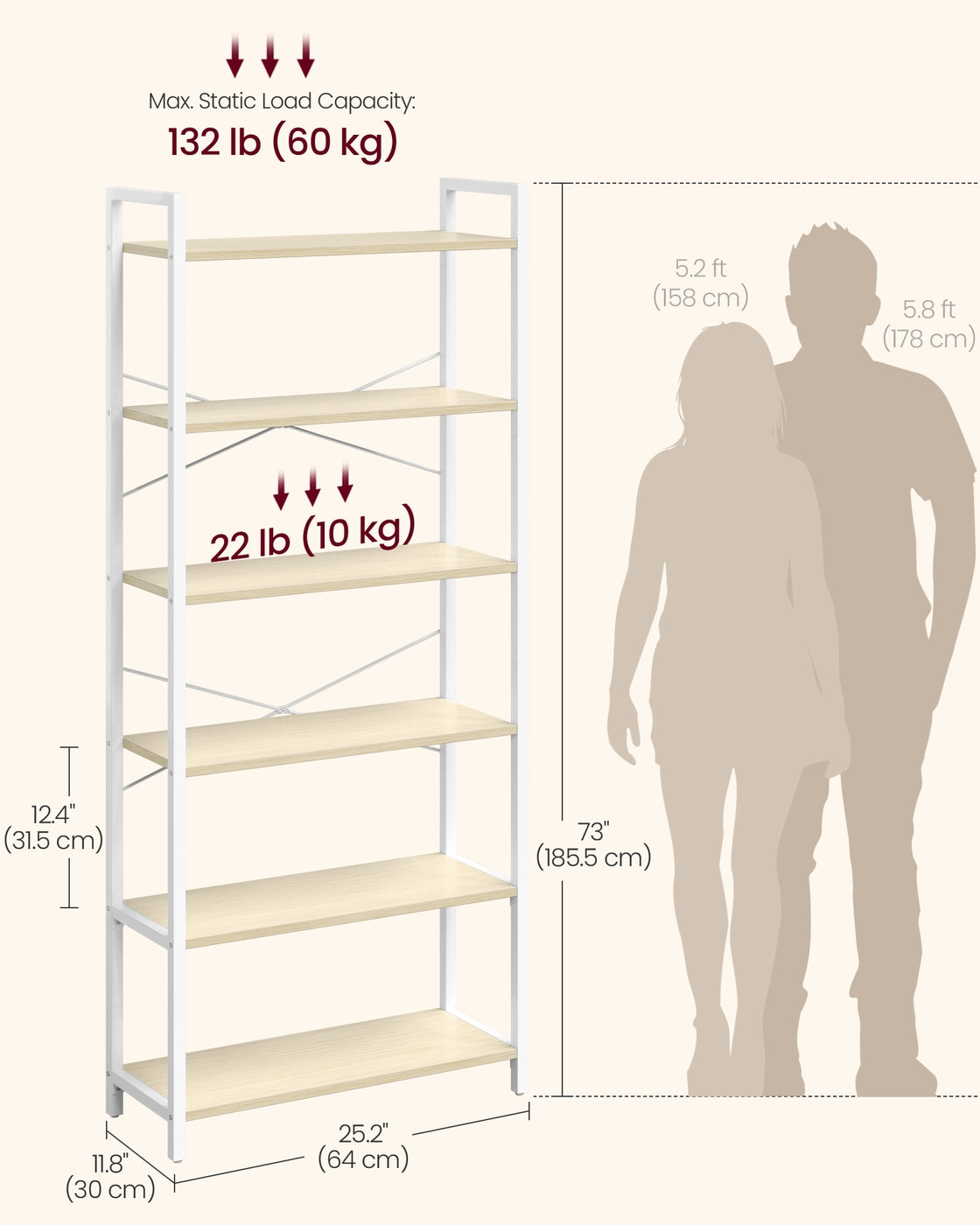 6-Tier Bookshelf - Wood and Steel - Natural Beige