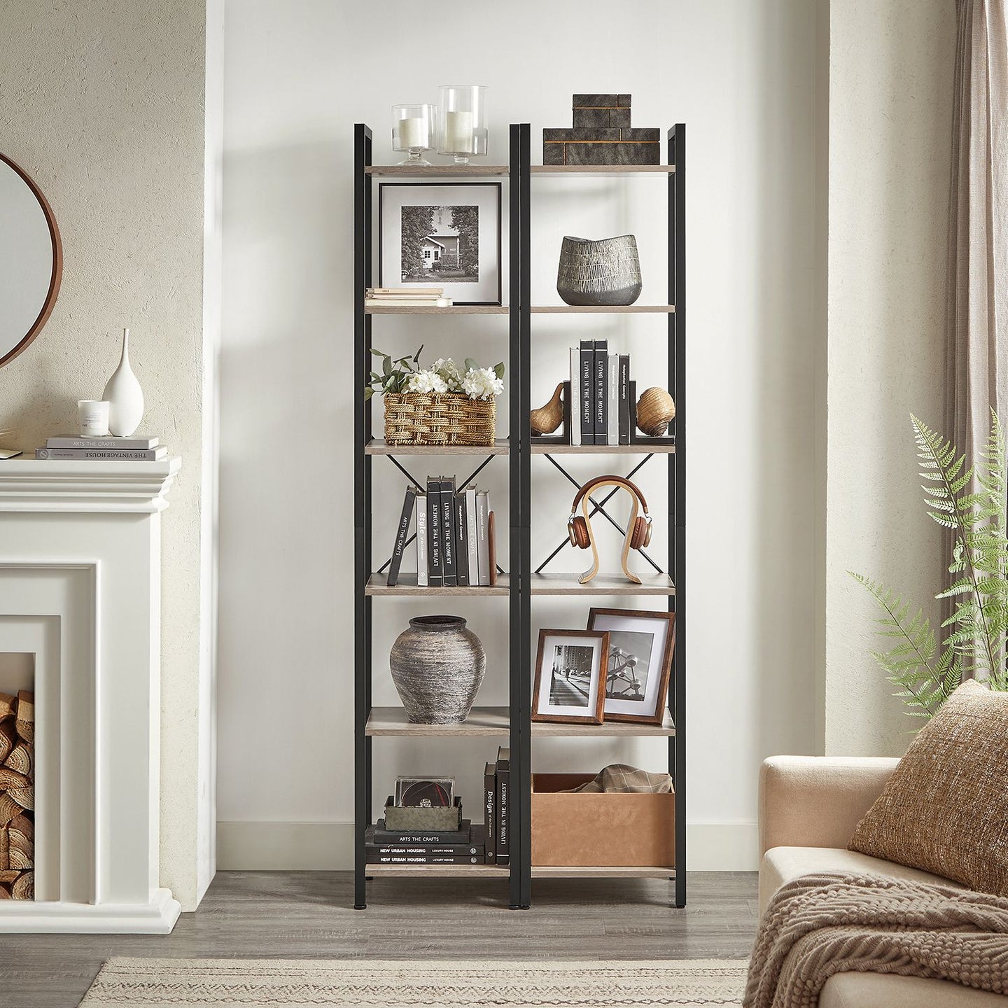 6-Tier Bookshelf - Wood - Rustic Brown and Black - Industrial Open Storage Design