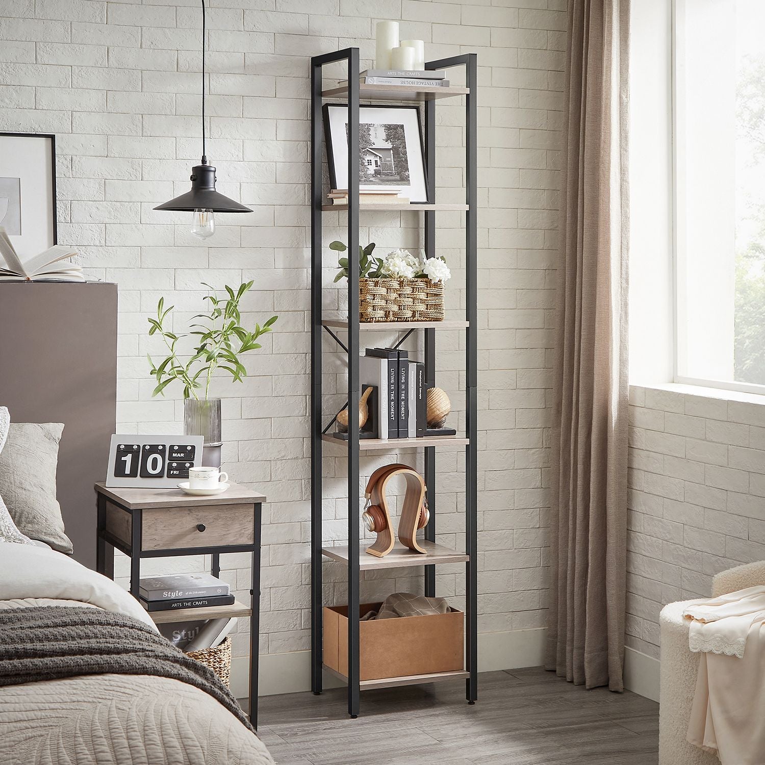 6-Tier Bookshelf - Wood - Rustic Brown and Black - Industrial Open Storage Design